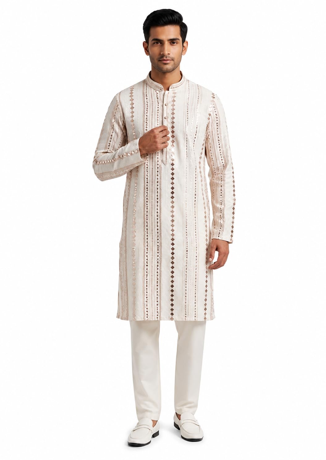 Men's white and pink mirror work kurta with pajama set, full sleeve (S)-picture-37