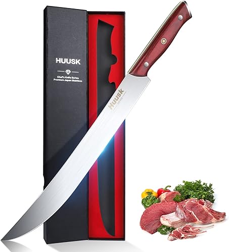 Huusk Cuchillo de carnicero curvo de 12 pulgadas para cortar carne, cuchillo afilado, cuchillo de tallar, cuchillo de carne de espiga completa con