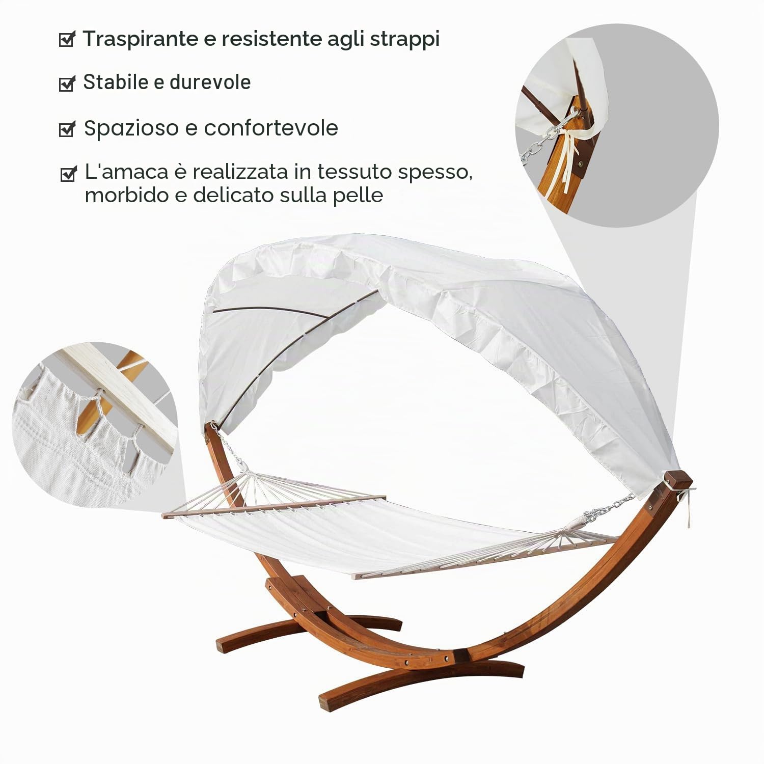 Amaca da giardino con supporto in legno, amaca matrimoniale 2 posti con parasole, fino a 200 kg, resistente alle intemperie, per balcone, terrazza e giardino