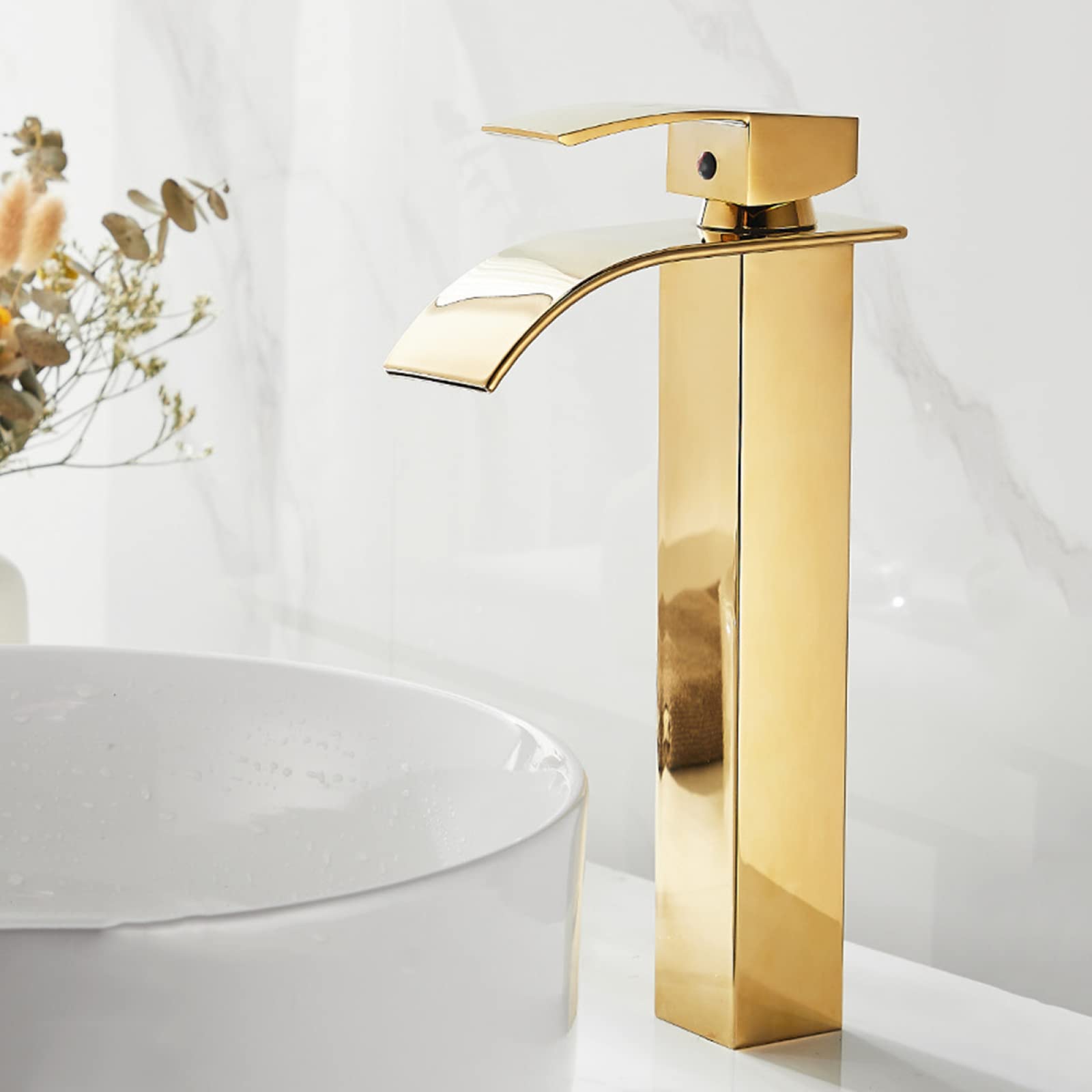 Mitigeur de lavabo à une poignée eau chaude froide avec bec cascade doré
