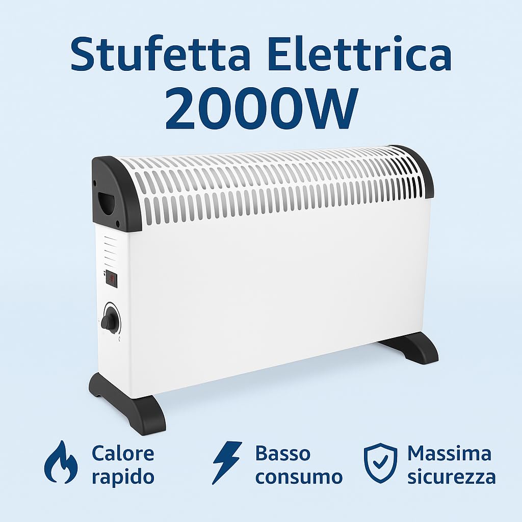 Stufetta elettrica da bagno Termoconvertitore 2000W – Basso consumo, 3 livelli di potenza, riscaldatore compatto portatile con protezione surriscaldamento e regolazione temperatura
