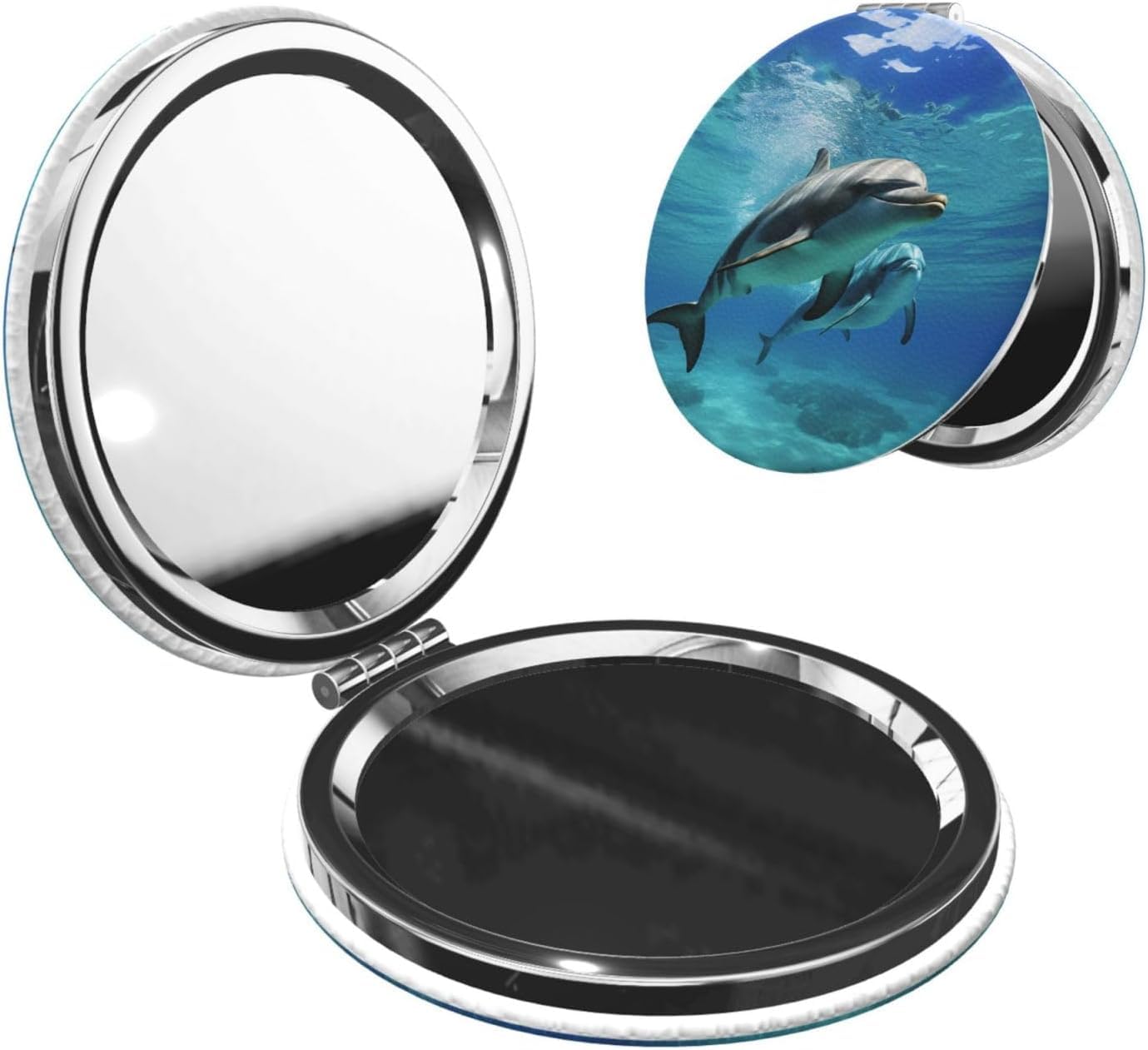 KRySt Double-Sided Cosmetic Mirror, Dolphin Ocean Design, 1X/2X Magnification, Compact Travel Size-picture-37