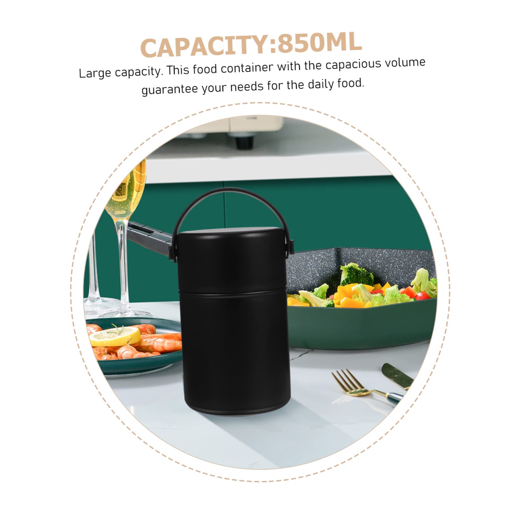 850ml Thermobehälter für Speisen aus Edelstahl Doppelwandig Isoliert Auslaufsicher mit Löffel Schwarz für Outdoor Aktivitäten
