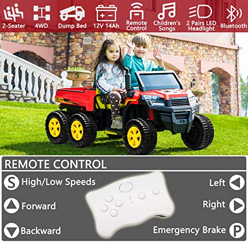 sopbost Ride on Dump Truck 12V 14Ah 4WD Battery Powered Ride On Car with Remote Control 2 Seater Electric Ride on Toys Truck for Kids Boys Girls, Music Play, Bluetooth, Red