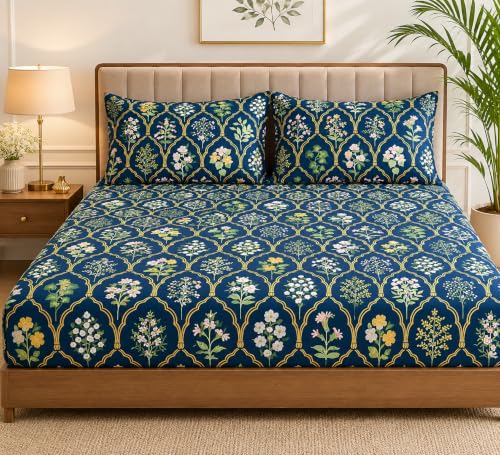 Image of LOOMLYFE 300 TC Cotton Double Bedsheet with 2 Pillow Covers | 90x100 Inches King Size Bed Sheet | Soft, Breathable & Fade Resistant Bedding Set - NavyJaipuri