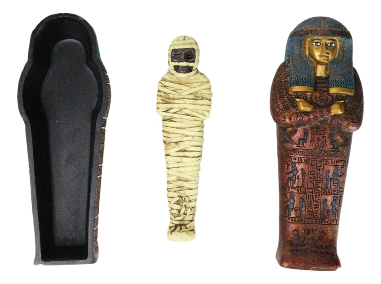 Ebros Ancient Egyptian Civilization Maatkare Hatshepsut The Great Royal Queen of Pharaoh Thutmose Sarcophagus Coffin with Embalmed Mummy Mini Figurine 3 Piece Set 7" Long Pyramid Relic - Image 6