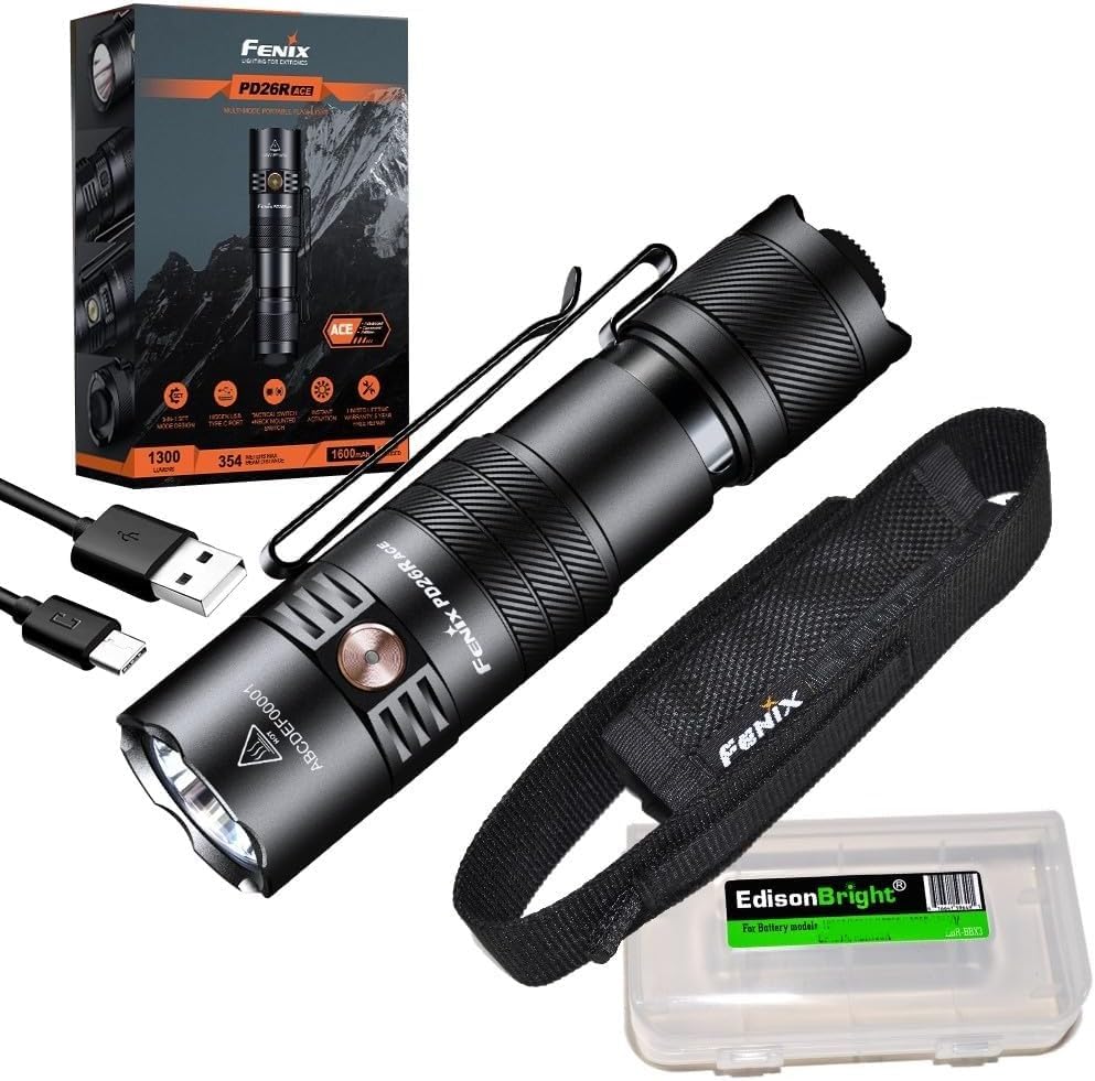 PD26R ACE 1300 Lumen Rechargeable EDC LED Flashlight Compact Dual Switch for Everyday Carry Tactical Duty Camping Outdoor Use w/EdisonBright Acc. case