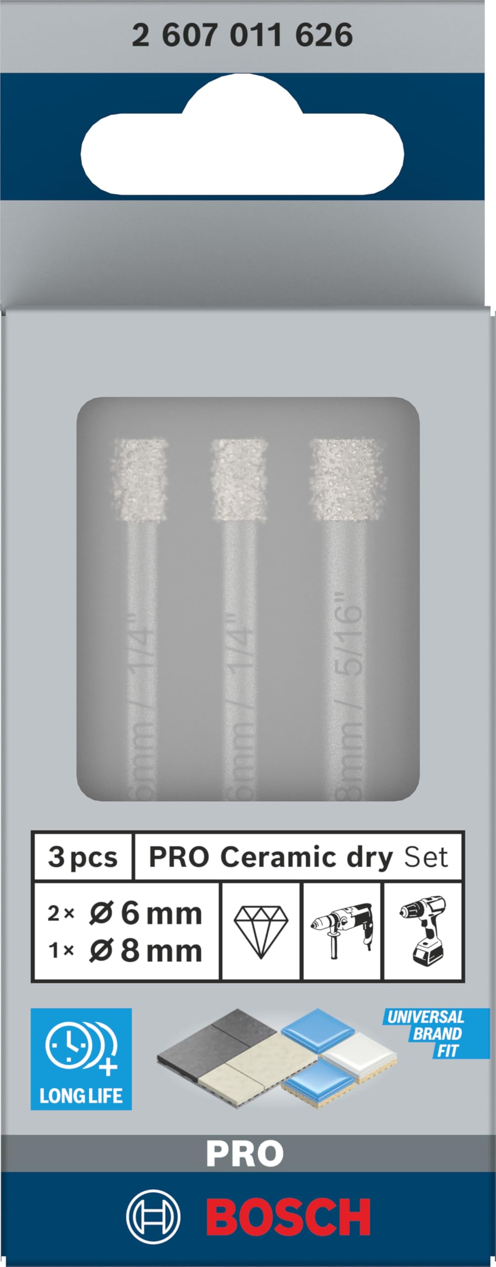 Bosch Professional Set di 3 punte diamantate Expert for Ceramic (per Piastrelle dure, Pietra dura, Pietra morbida, Ø 6/6/8 mm, Accessori Trapano)