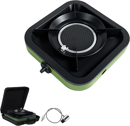 Estufa portátil de campamento, estufa portátil de propano con manguera de gas, diseño cuadrado, verde militar y negro