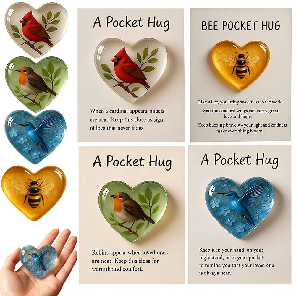 4PCS Hummingbird Pocket Hug - Heart-Shaped Memorial Token with Sympathy Card,A Pocket Hug - Mini Acrylic Hugs Token with Encouragement Card,Bee Pockets Hugs,Sympathy Keepsake Gift for Friends & Family