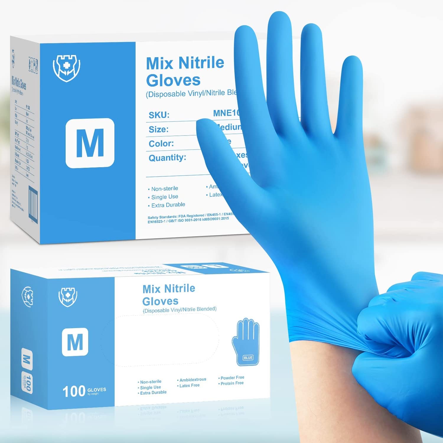 Photo 1 of Nitrile Gloves 100 M/L Disposable Latex Free Case Count Bulk Nitrile Vinyl Glove Powder Free Blue Blend Synthetic Gloves pack of 2