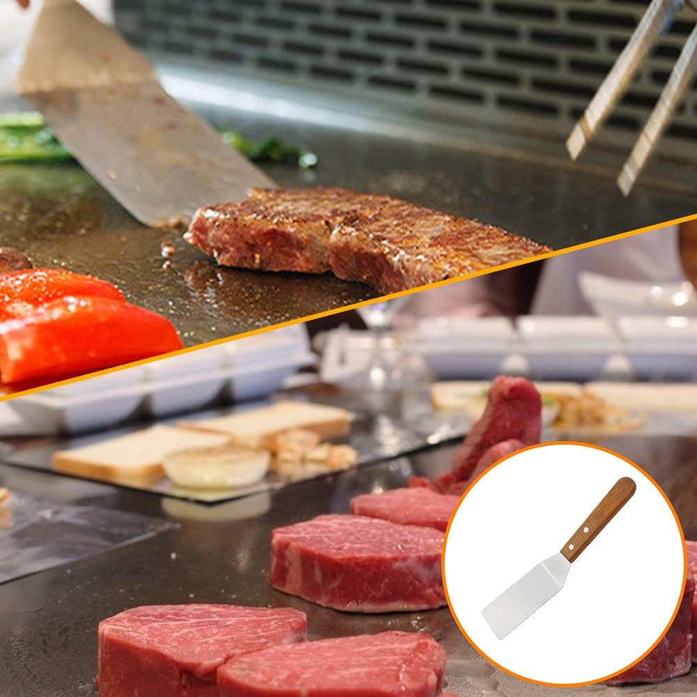 Teppanyaki Spatule, Spatule Barbecue Spatules Teppanyaki à Manche en Bois Spatules pour Barbecue en Acier Inoxydable Spatule Plate pour Tourneur et Grattoir pour Cuisine Barbecue, 3 Pièces
