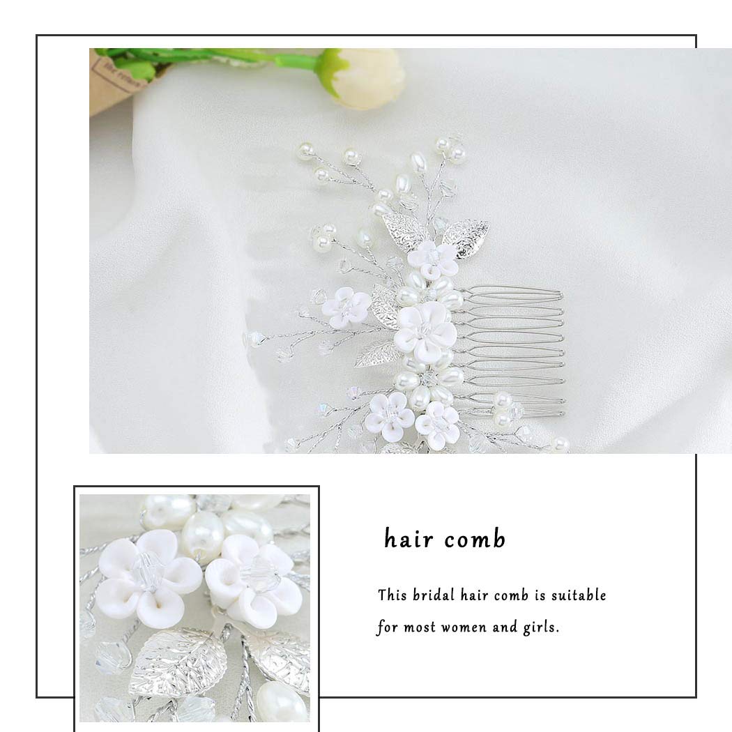 Pettine per capelli da sposa con fiori e perline, accessorio per capelli per donne e ragazze (argento)