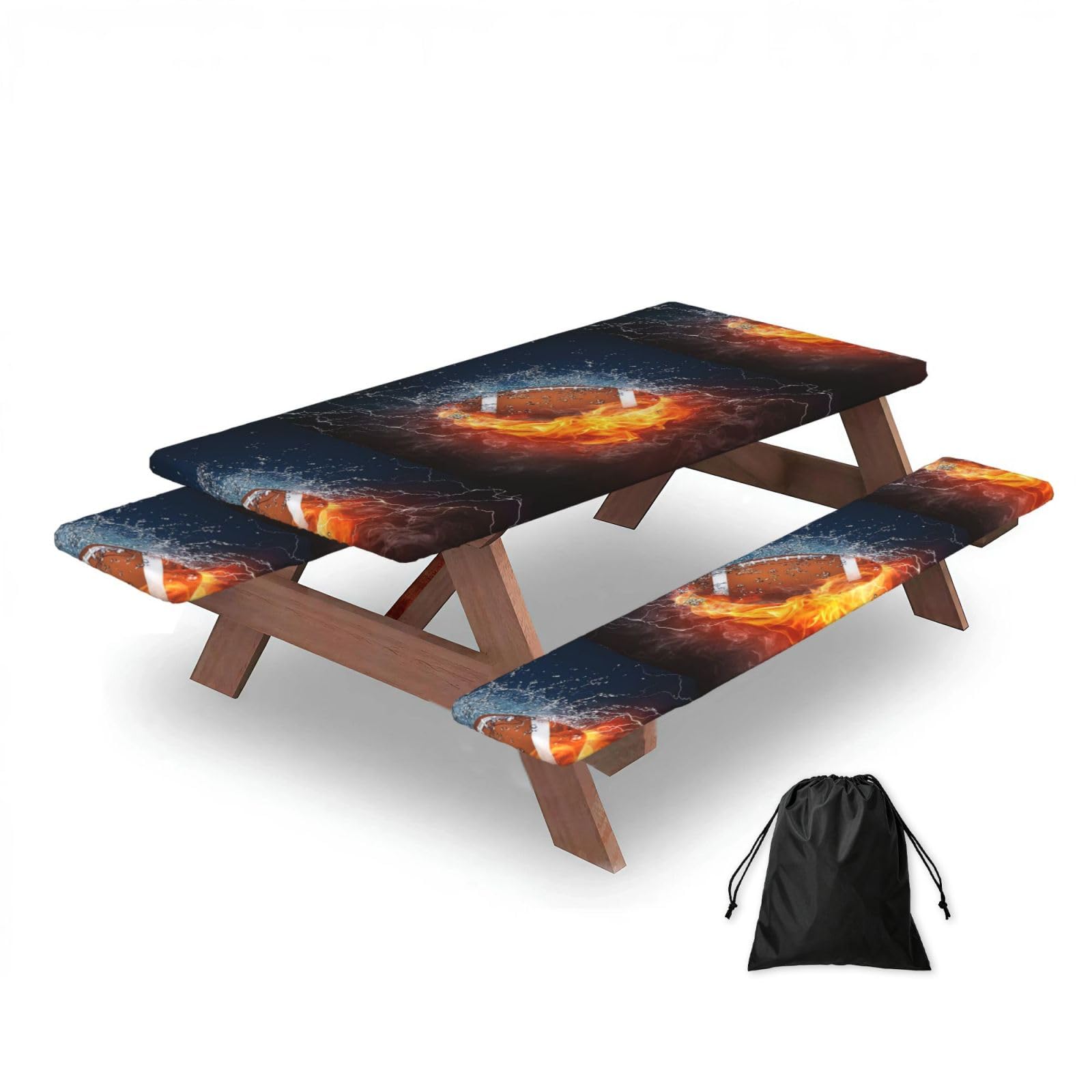 Dopklna As Picture Fire Football, Picnic Table Cover With Bench Covers -Waterproof Elastic Fitted Tablecloth For Garden Camping Patio 76X152cm