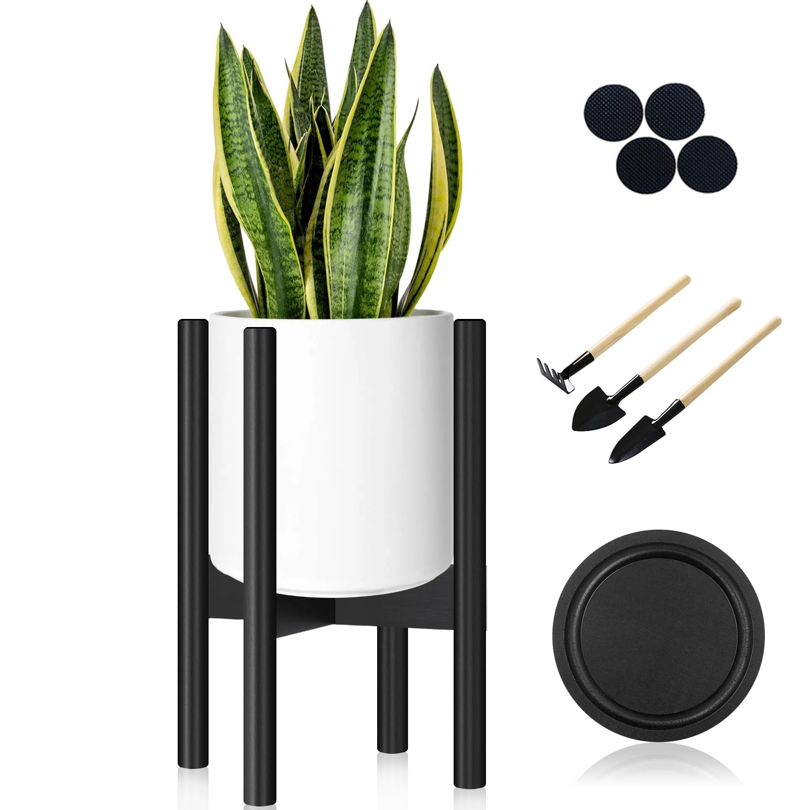 Plant Stand - Adjustable Indoor Black Plant Stand, Plant Holder, Mid Century Corner Plant Stand with Tray - Fit 8 to 12 Inches Pots (Pot Not Included) - Bamboo Wood