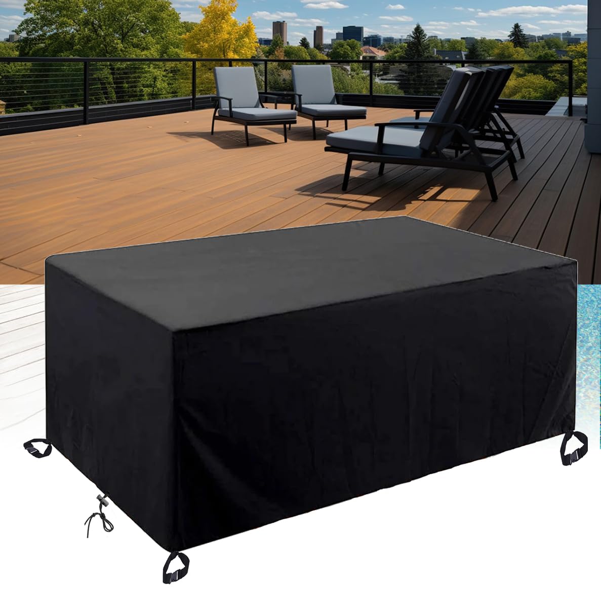Kwadratowy pokrowiec na meble ogrodowe 300 x 250 x 100 cm, szer. x wys. 420D Oxford, prostokątna osłona ochronna z liną i klamrą z blokadą na stół i meble ogrodowe, wodoodporna ochrona przed