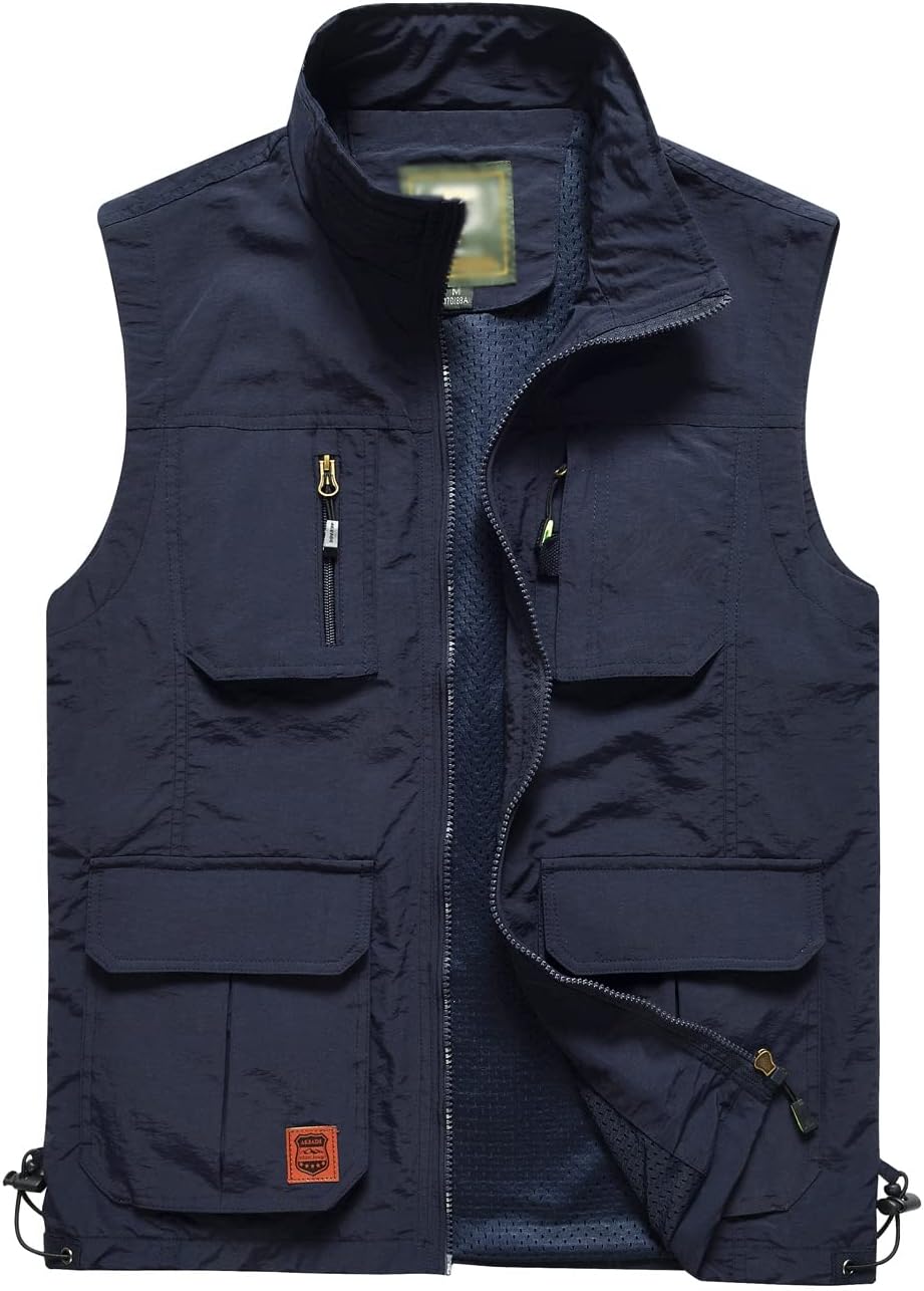 Gnveub Men’s Fishing Vest Outdoor Work Quick-Dry Hunting Zip Reversible Travel Vest Jacket with Multi Pockets