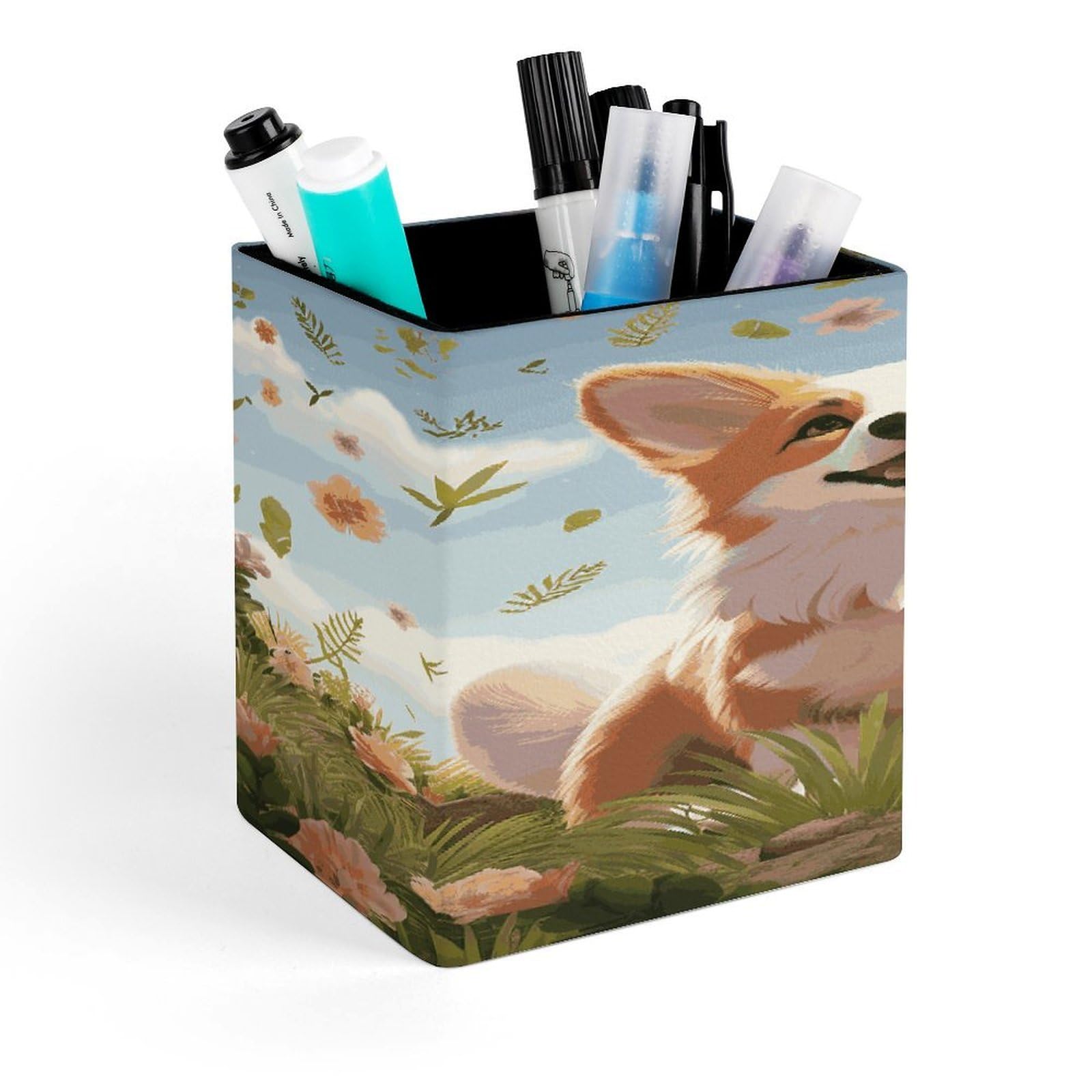 FekiLoot Lovely Corgi Pencil Holder for Desk Square Leather Pen Holder Cup Desktop Organizer Multi-Functional Pencil Cup Holders Modern Decorative Desk Organizer Caddy Makeup Brush Holders