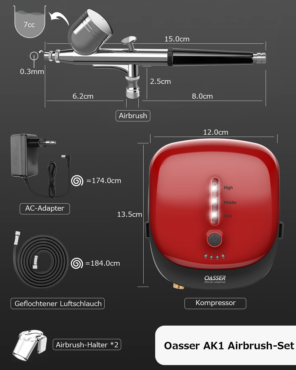 Oasser Airbrush Set Kompressor Dual Action 3 Modi wiederaufladbarer 1000mAh Akku 0,3mm Düse 7CC Tasse Airbrush Pistole für Modell Kosmetik Lackierung Rot