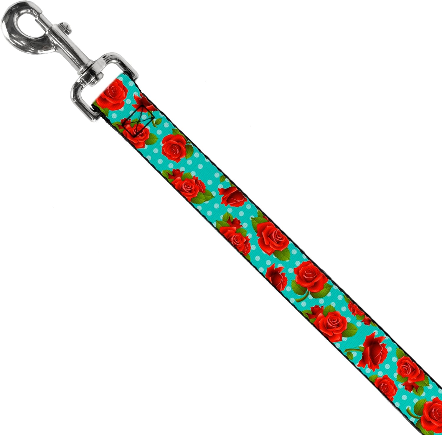 Dog Leash Red Roses Polka Dots Turquoise 6 Feet Long 1.0 Inch Wide