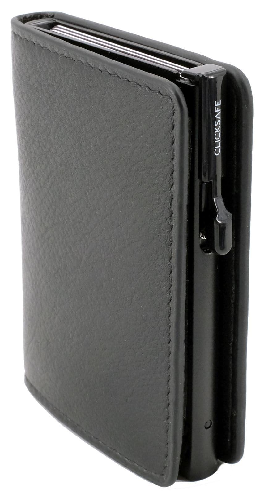 ClickSafe 985201Kreditkarten-Börse Slim, schwarzes Nappa-Leder, Kartenhalter Aluminium Schwarz, 6 Karten, Click-System, Etui mit Münz-, Schein- und Kreditkartenfach, RFID, 9,5 x 6,5 x 1,5 cm, Schwarz