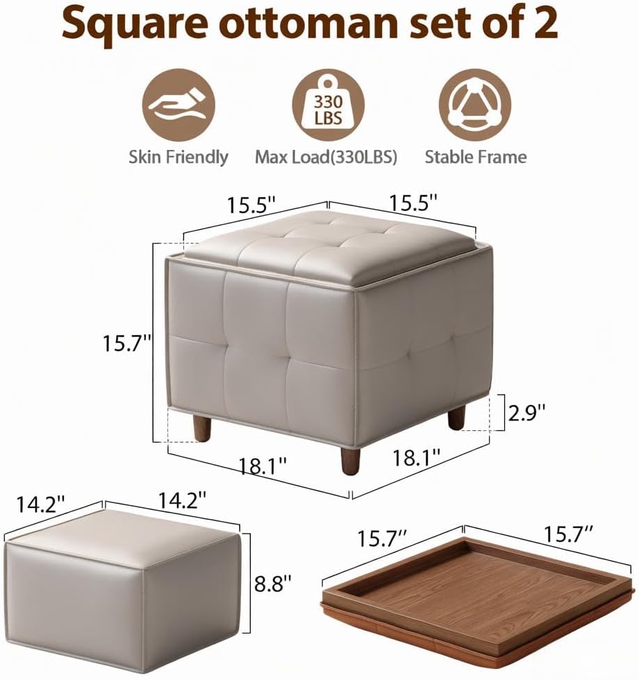 Square Ottoman with Storage Set of 2, Leather Coffee Table Ottoman, Multifunctional Foot Rest Stool with Storage for Living Room & Bedroom