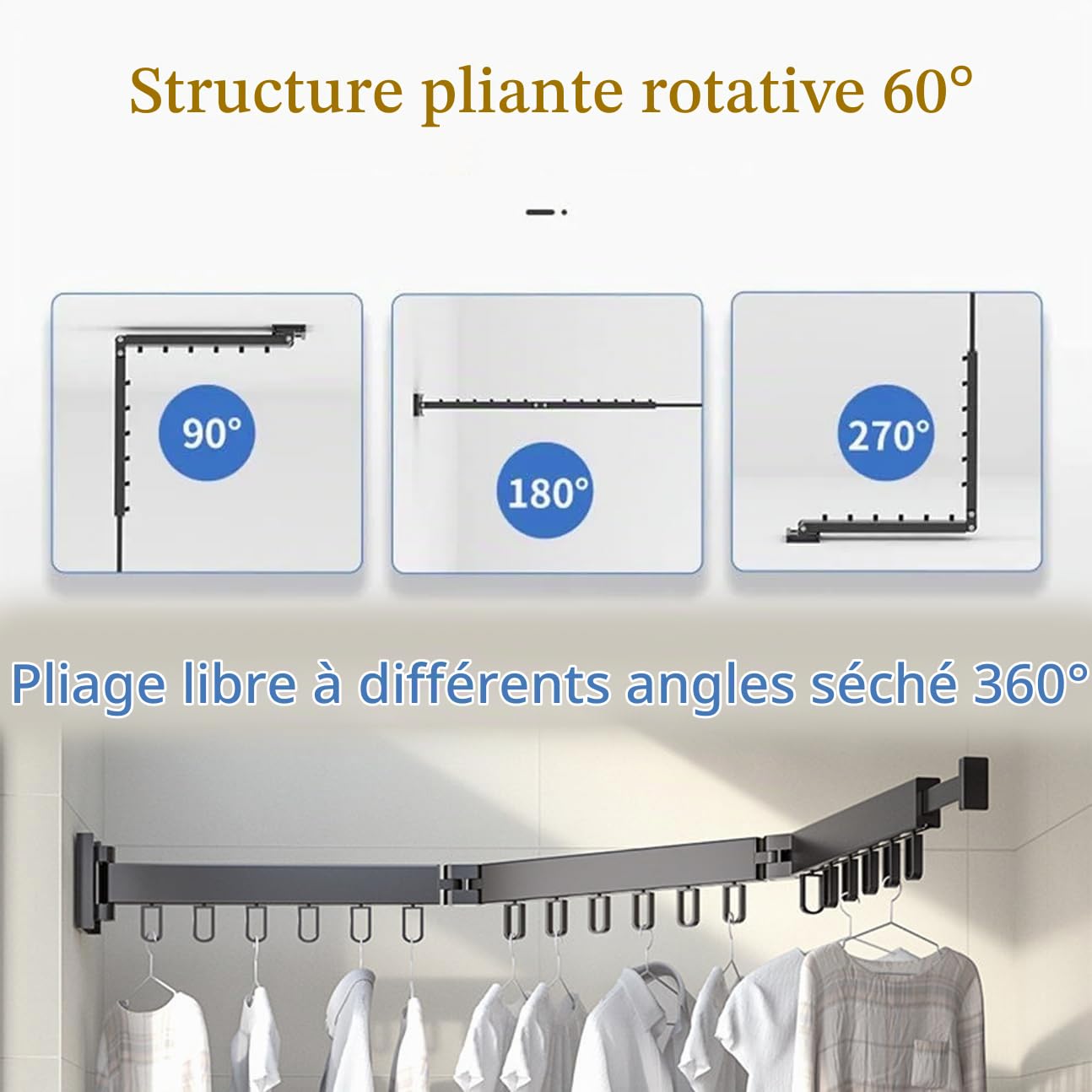 Étendoir à Linge Mural Pliable et rétractable de 128 cm, 3 étendoirs, Gain de Place, idéal pour balcons, salles de Bain et buanderies, Noir