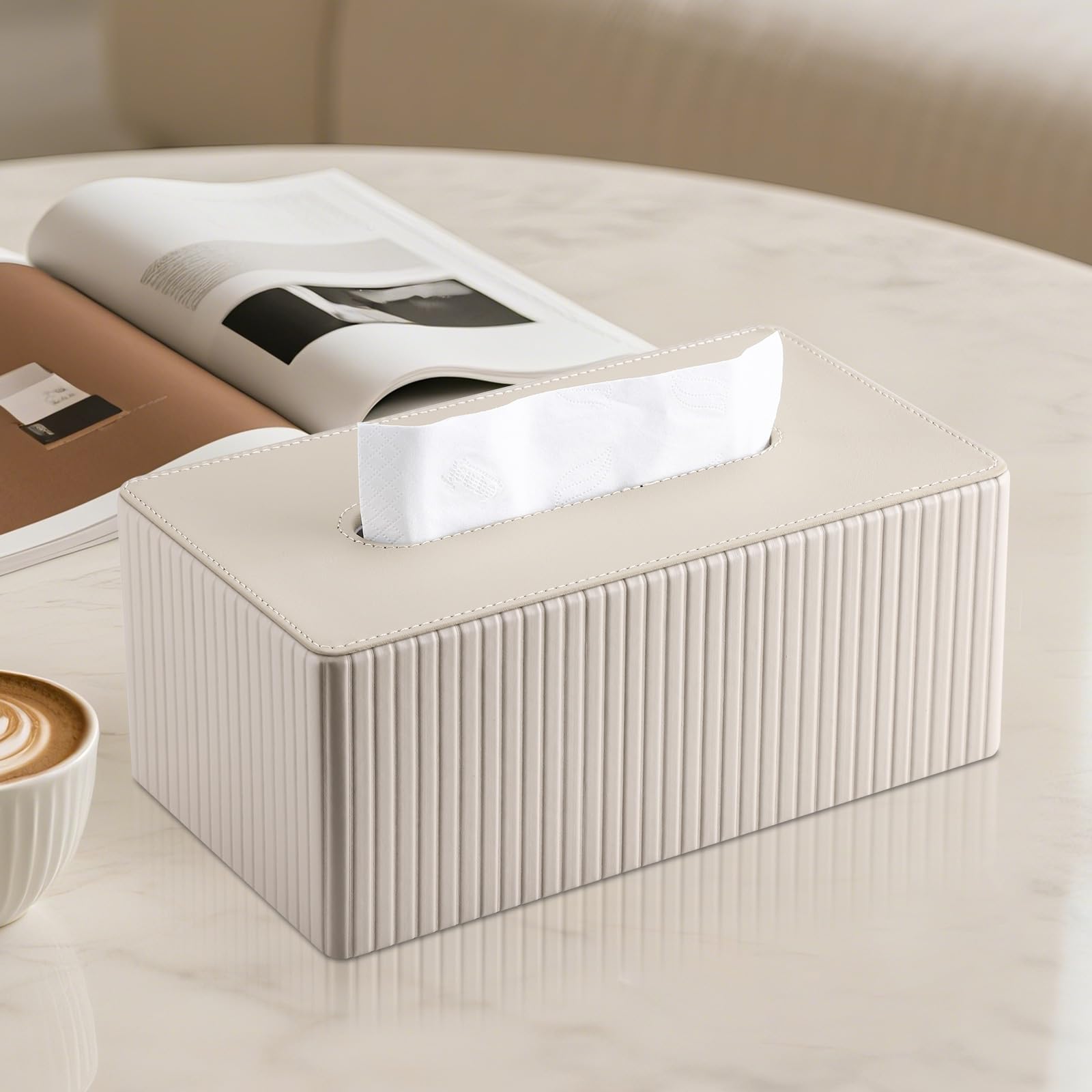 KINGFOM Porta Fazzoletti in Pelle PU, Rettangolare Fazzoletti Box per Ufficio, Casa, Bagno (Beige)