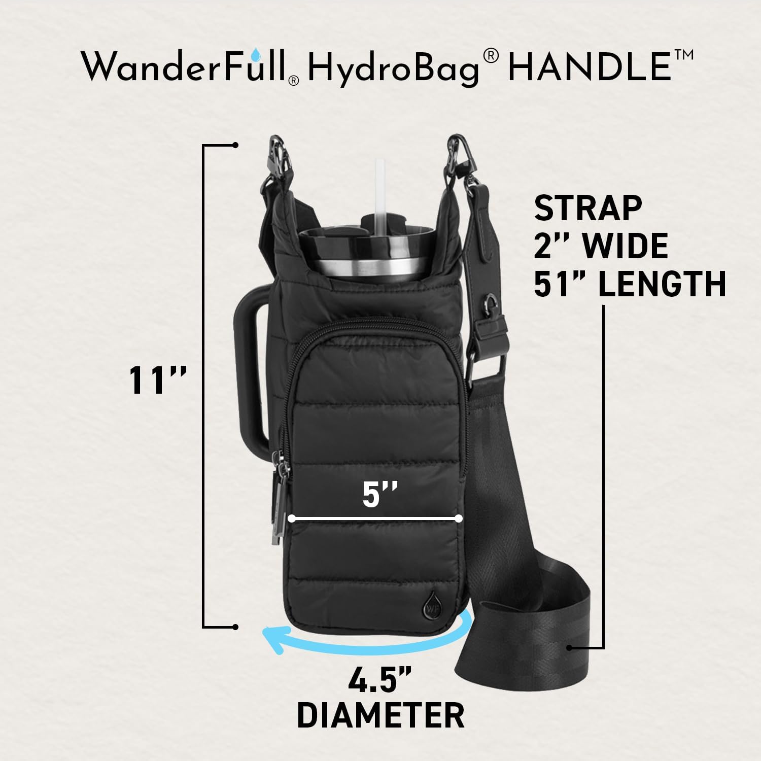 WanderFull Original HydroBag HANDLE® Zipper Slot for Handle, Hands-Free Crossbody Water Bottle Holder & Tumbler Accessories