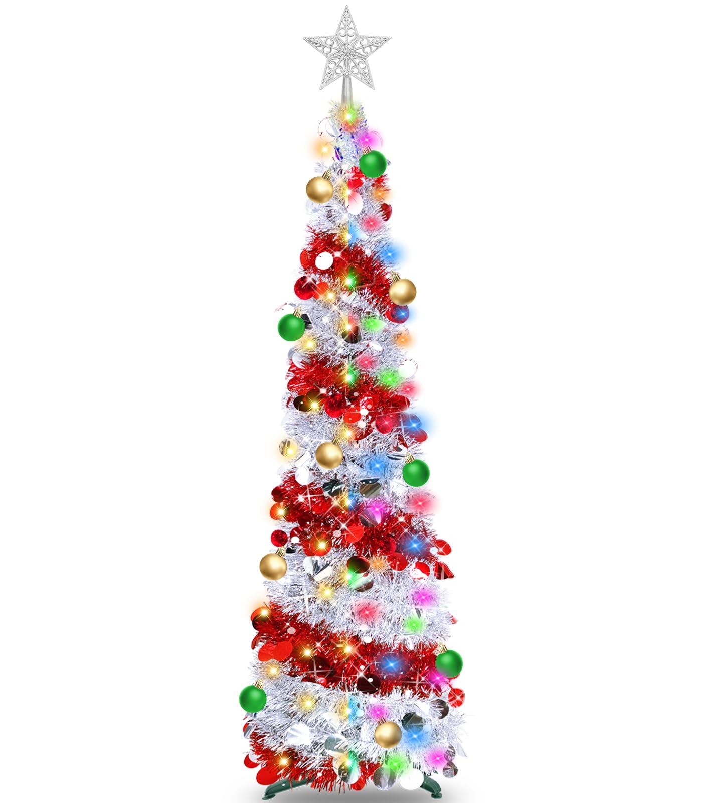 Dual Color Change Lights & Timer - 5 Ft Tinsel Christmas Tree Ball Ornaments Star Pop up Christmas Tree Battery Operated 50 Warm White/Multicolor Light Sequin Holiday Xmas Decoration Indoor Home Party