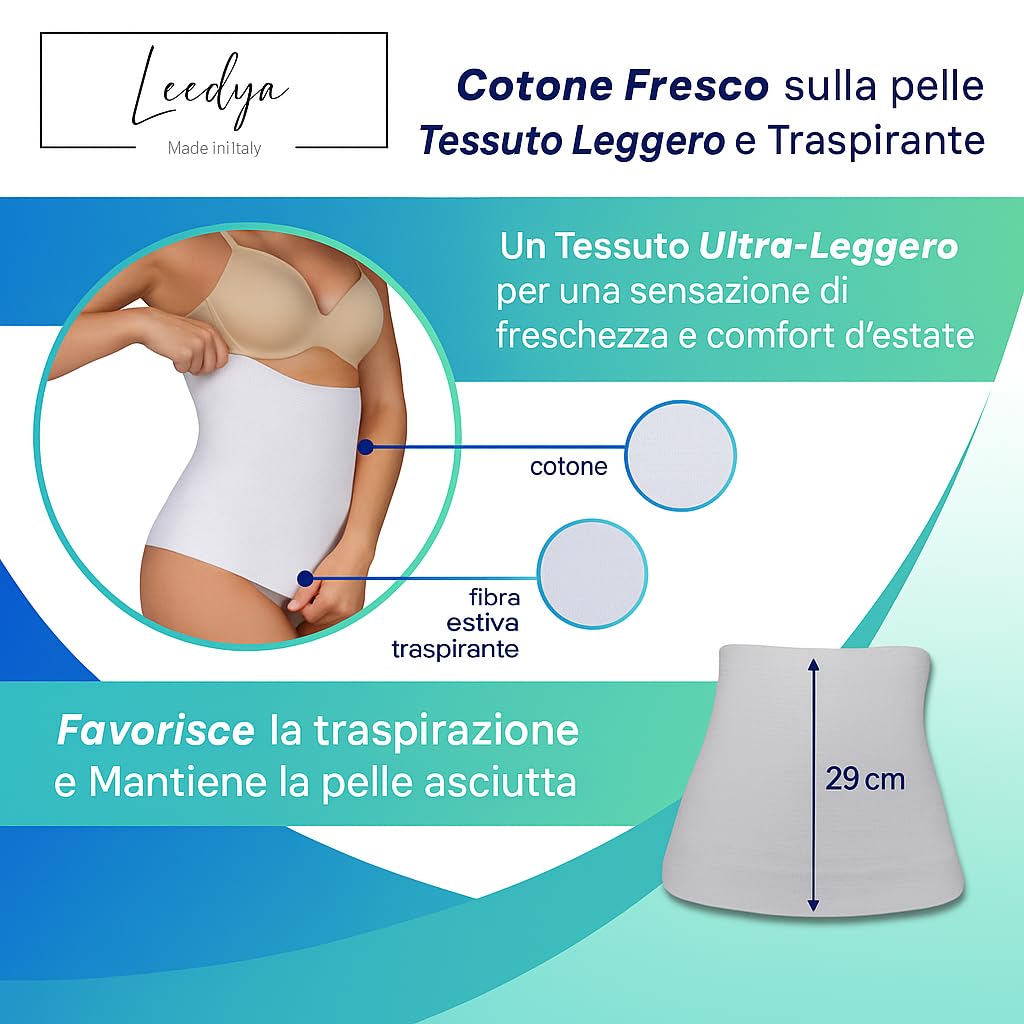 Leedya Pancera Contenitiva Femme Idéale pour l'été, Fabriquée en Italie en Coton Respirant - Bande Lombaire Élastique Homme Femme Unisexe, 31 cm – Support Lombaire, Abdominal et Mal de Dos (XS)