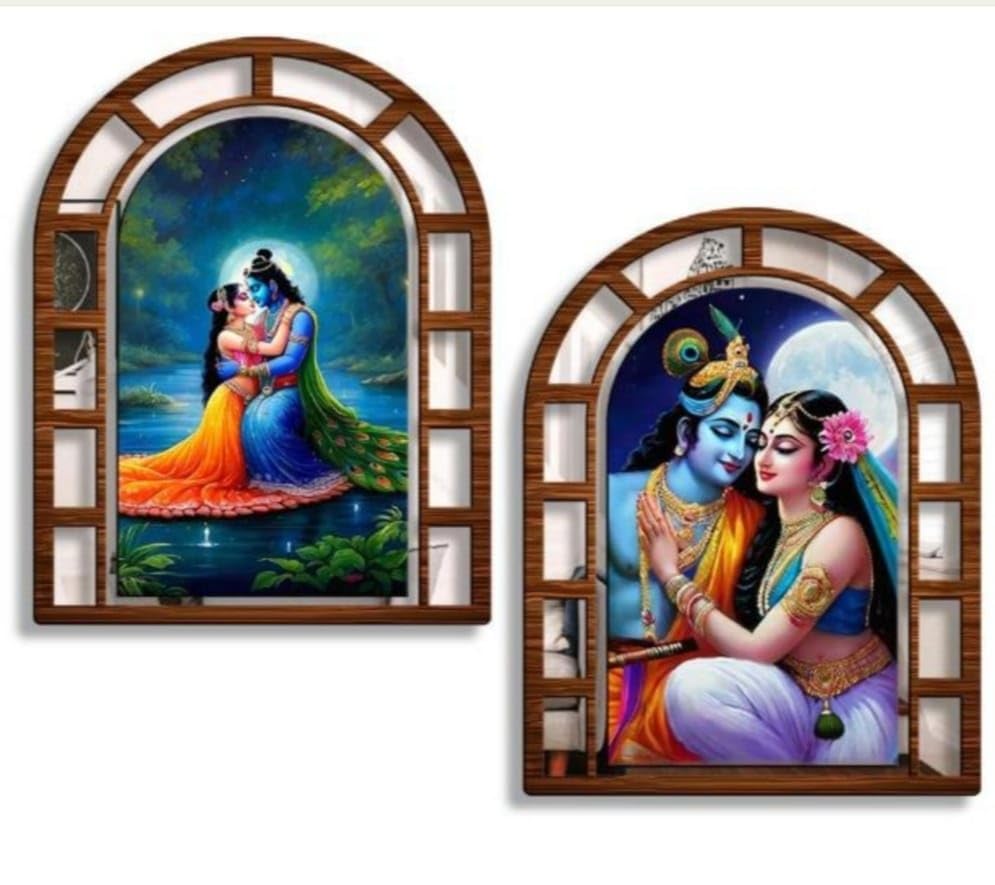 Sellee Wooden Window Frame Wall Art, Elephant & Horse Ethnic Design Panels, MDF, 12x9 Inch, Set of 2 (Radhe krishna)-image-4