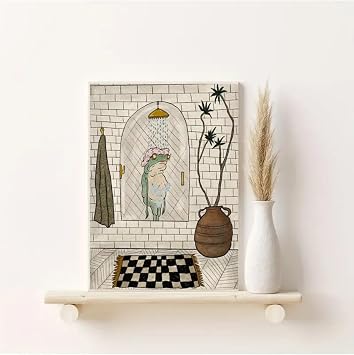 512 STORE Estetik İllüstrasyon Kurbağa Banyo Modern Tasarım Dekor Çerçevesiz Poster 15 X 21 Bej, 43232rf32432r2