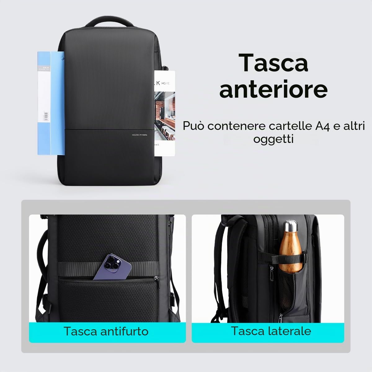MARK RYDEN 30-45L Zaino da viaggio per affari, borsa a tracolla espandibile, zaino multifunzionale per l'umidità e l'asciutto, borsa per computer da 17,3", borsa a mano