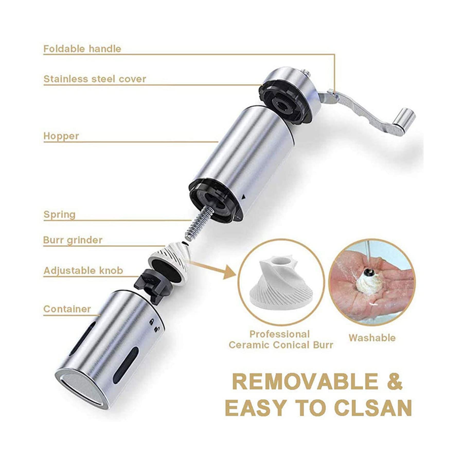 Multifunktionale manuelle Kaffeemühle mit verstellbarem Keramikmahlwerk, abnehmbare Edelstahl-Dreieck-Handkurbel-Kaffeemühle für Zuhause, Büro, Reisen, Silber