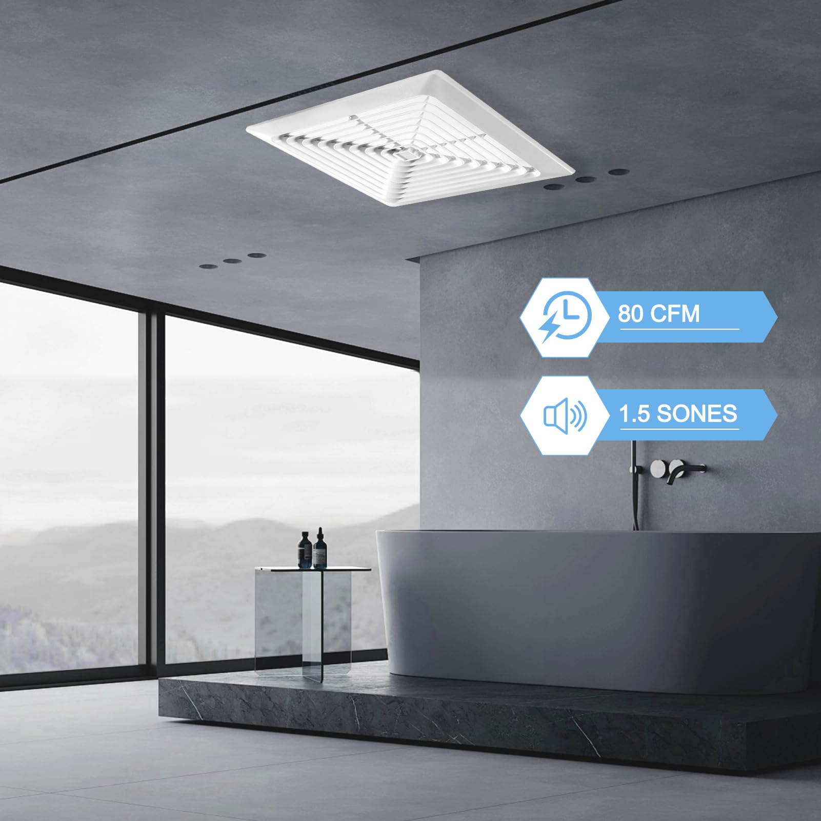 Ventola di scarico da bagno 80 CFM 1.5 Sone, condotto da 10 cm, ventola di ventilazione certificata Energy Star silenziosa, facile da installare, non è necessario l'accesso alla