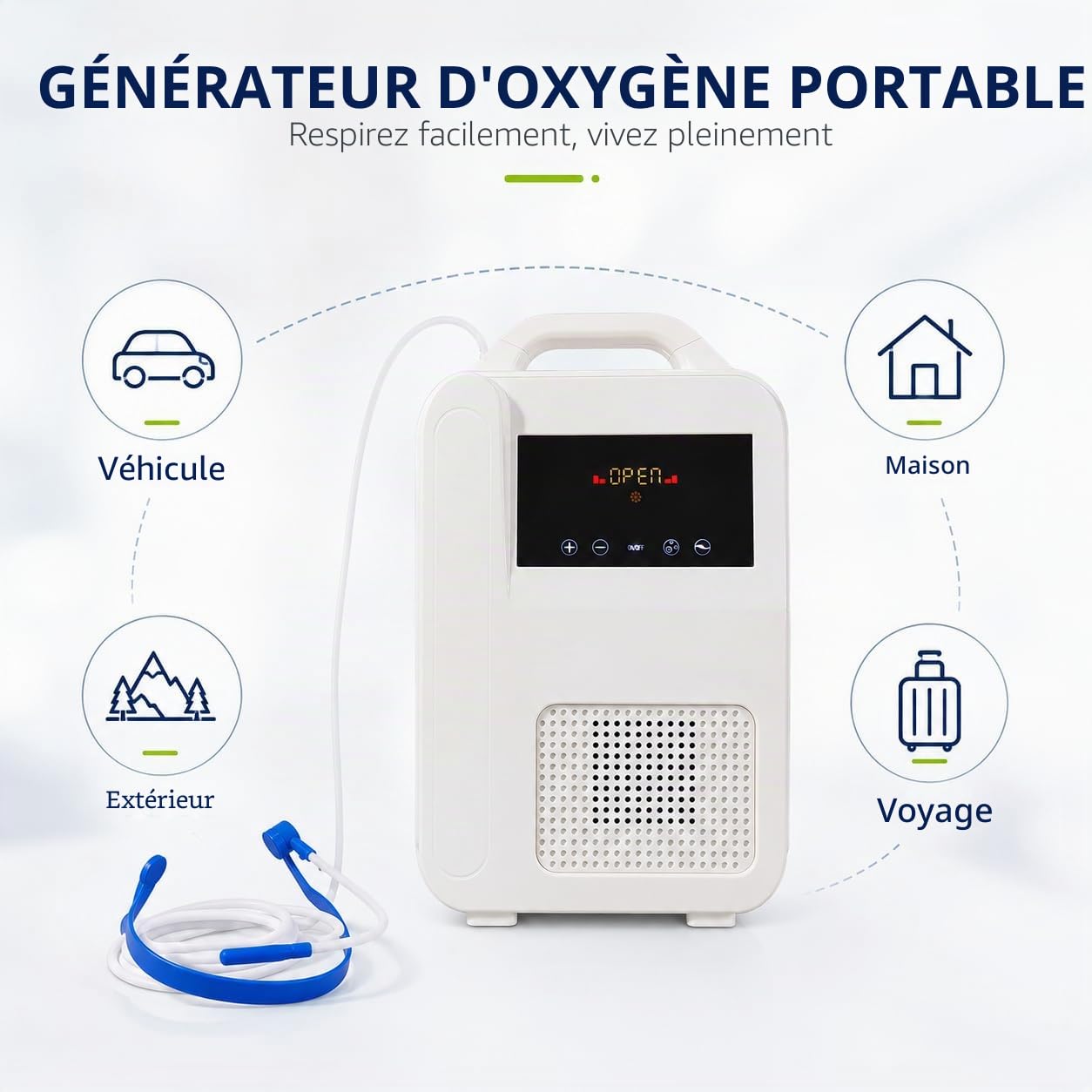 Booster d'oxygène électrique portable avec 30 millions d'ions négatifs — Machine à oxygène compacte avec canule nasale et étui de transport pour la maison, le voyage, la voiture et l'utilisation en