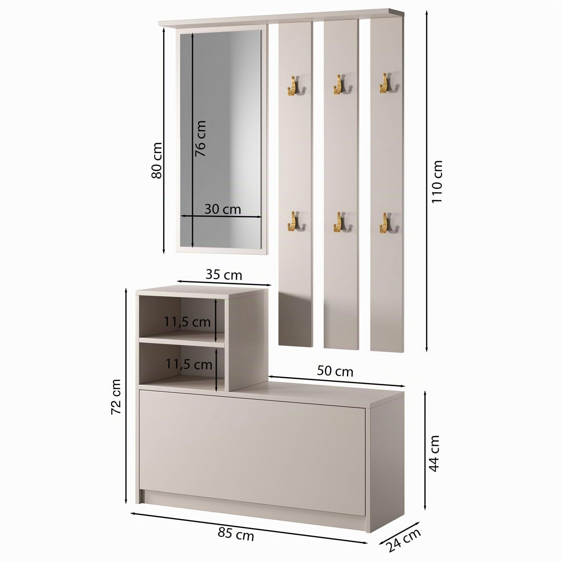 Selsey Yesfir Elegantes Eingangs-Set, 160 x 85 x 24 cm – Anrichte Aufbewahrung Kaschmir mit rechteckigem Spiegel – Regal und Haken in Gold – Schuhschrank für 8 Paar – Push-to-Open – laminierte Platte