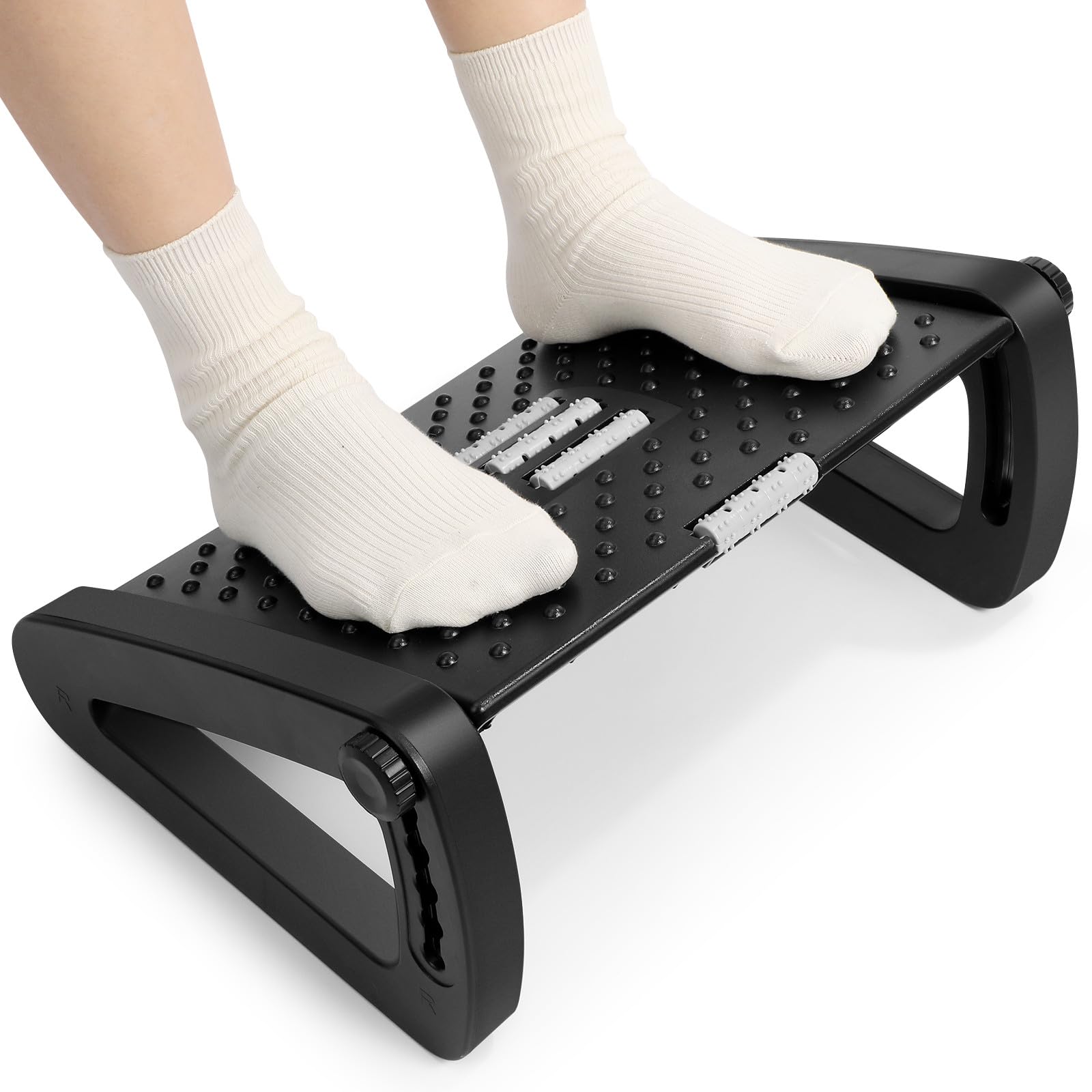 DOITOOL Reposapiés Ergonómico Negro con Altura Ajustable y Masajeador Rodillo Taburete bajo Escritorio para Oficina y Hogar Soporte Cómodo para Pies y Postura Saludable