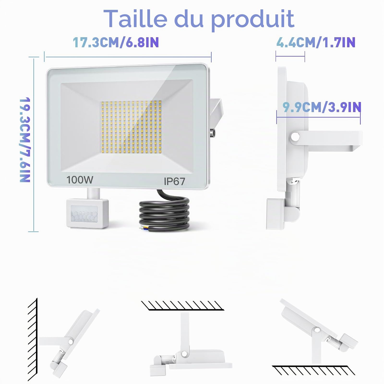 Projecteur LED Exterieur Detecteur de Mouvement 100W 10000lm | 2 Pièces Spot LED Extérieur Avec Detecteur Blanc Froid, IP67 Étanche Éclairage de Sécurité d'extérieur Pour Patio Terrasse