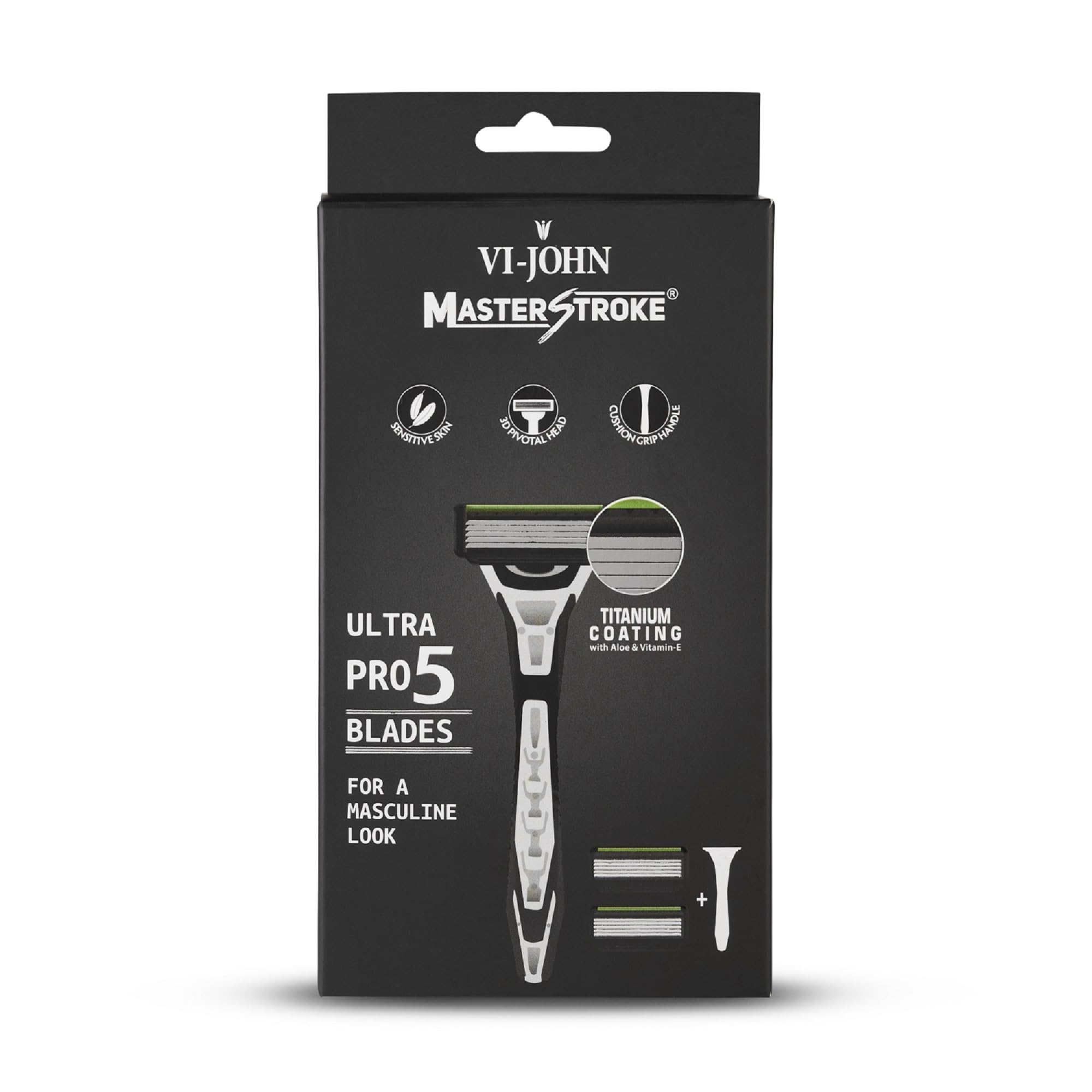 VI-JOHN Master Stroke Ultra Pro 5 Blade Shaving Razor for men with Aloe Vera and Vitamin E | Pivotal Head & Cushion Grip Handle for Easy Shaving (1 Handle + 2 Cartridges) (B0CMDC4BXF) Amazon Price History, Amazon Price Tracker