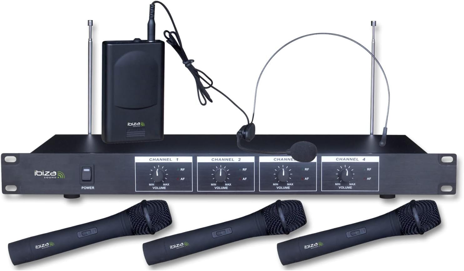 Ibiza - VHF4 - Wireless microphone system with 3 VHF handheld mics, 1 VHF headset mic and 1 receiver - 4 channels 202.1, 203.5, 205.8 & 207.5MHz - Black