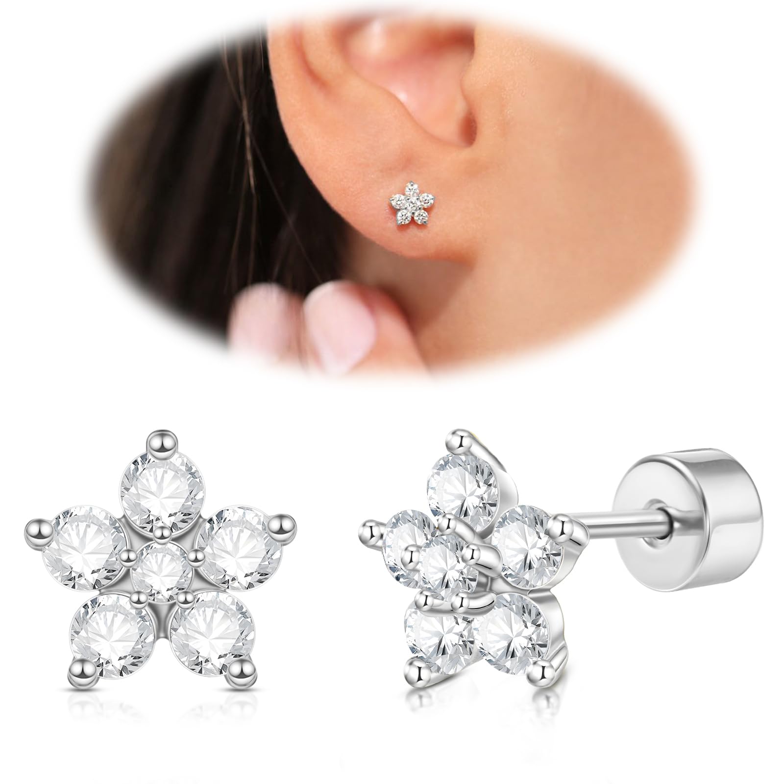 DAI JYCartilage Screw Back Earrings for Women, Flat Back Earrings Sterling Silver Hypoallergenic Earrings for Girls Conch Helix Piercing Jewelry Crawler Butterfly Flower Stud Earrings