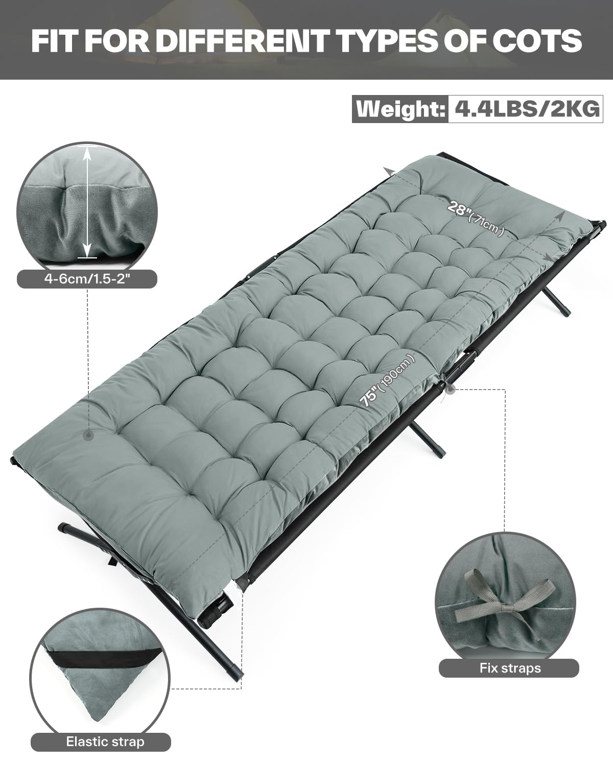 Sportneer Feldbett Auflage, 190 * 71CM 2KG Camping Matratze Mehrzweck für Feldbett Campingbett Gartenliege Sonnenliege auch Als Schlafmatte oder Reisedecke, für Camping, Garten, Outdoor