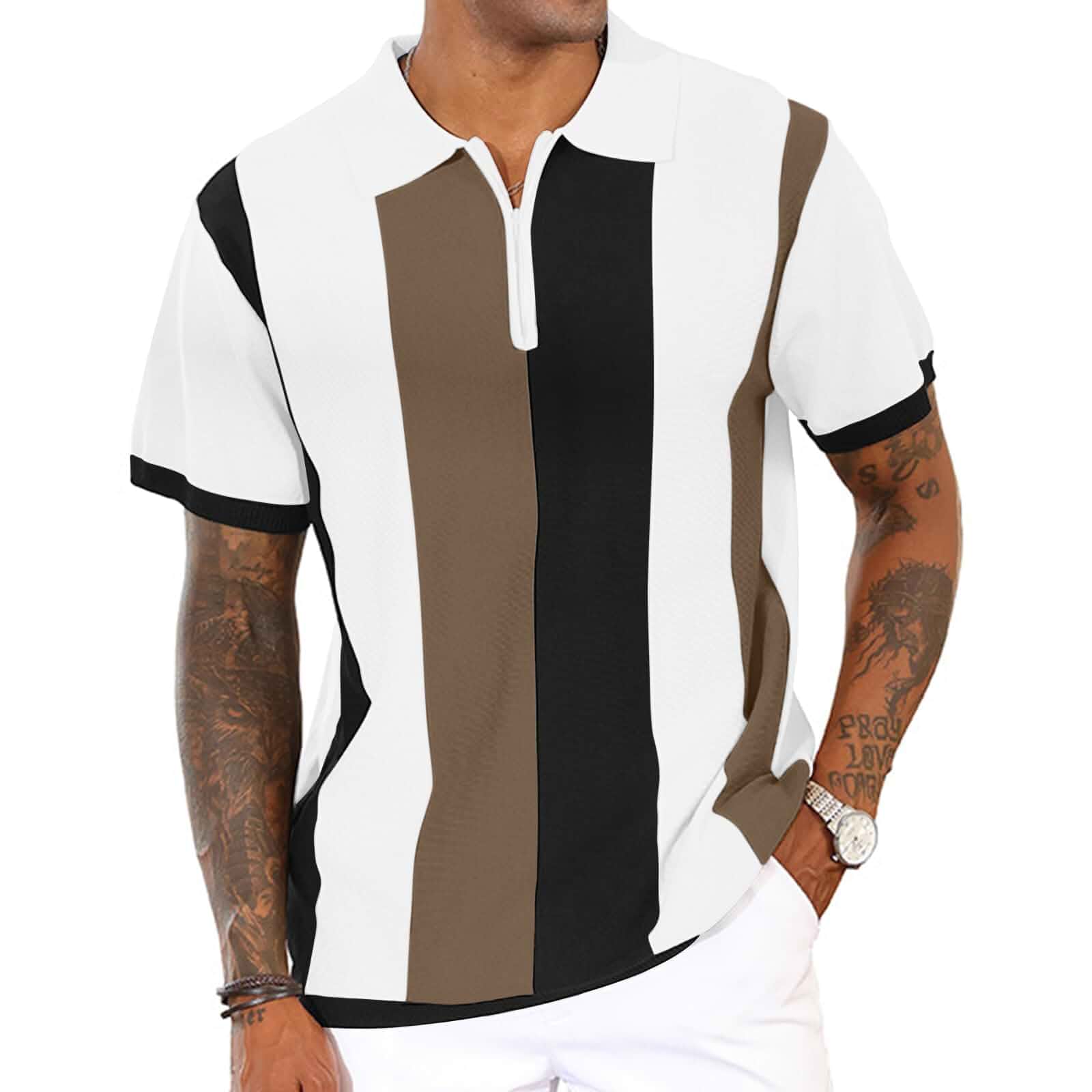 CTU Mens Casual Polo Shirts Vintage Striped Knit Golf Shirts Slim Fit Tops Fashion,Pullover Dress Shirts,Collared with Zipper,Short Sleeve,Color Blocking,Suit for Daily Casual,Business,Work,Golf
