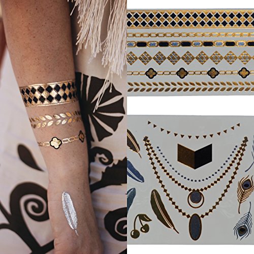 Temporary Metallic Gold & Silver Shimmer Jewelry Tattoo Lasting Color | 2 Sheets | Women Men and Girls Get Noticed or