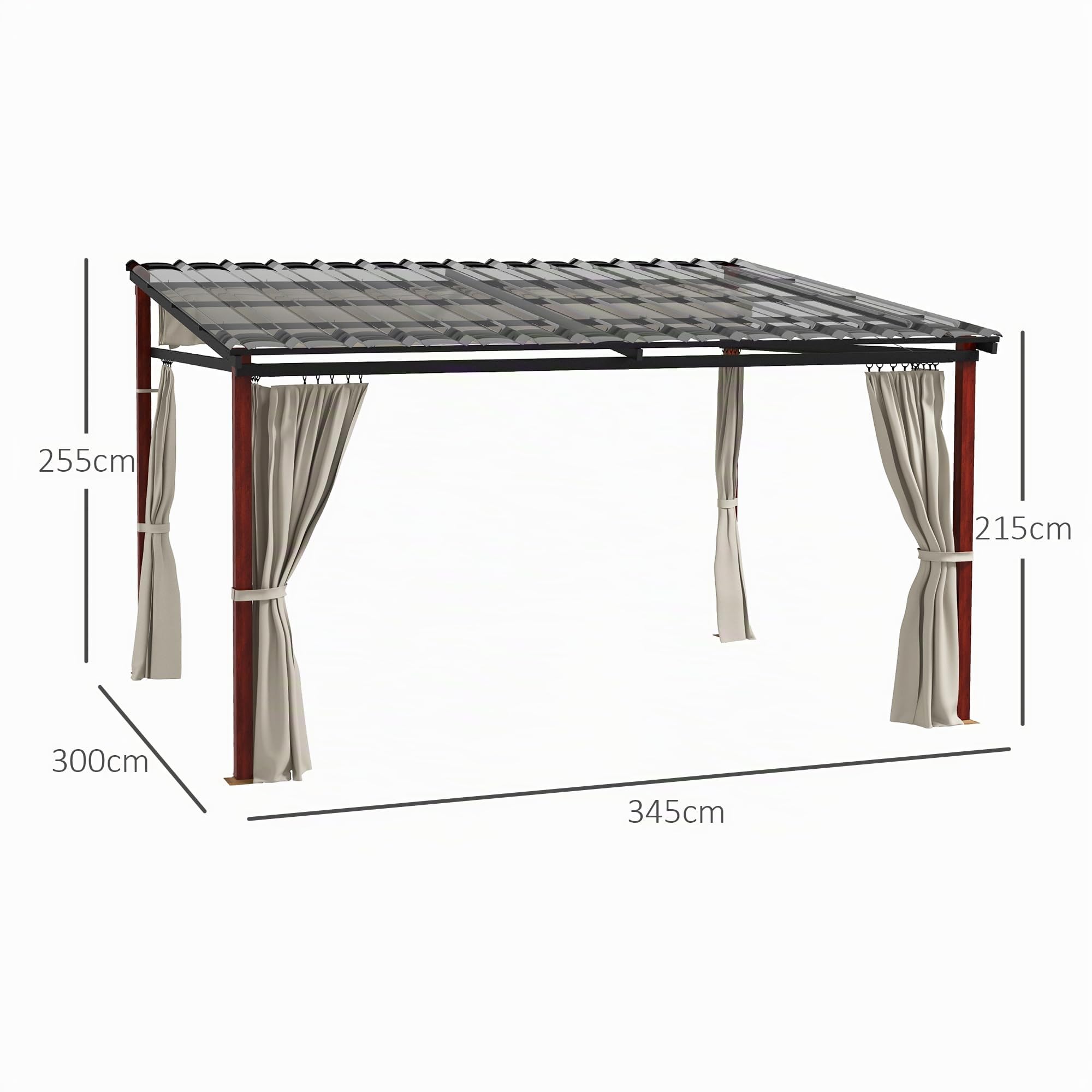 Pergola con Tende Laterali e Tetto Retrattile in PC in Alluminio e Metallo 345x300x215-255 cm Colore Crema