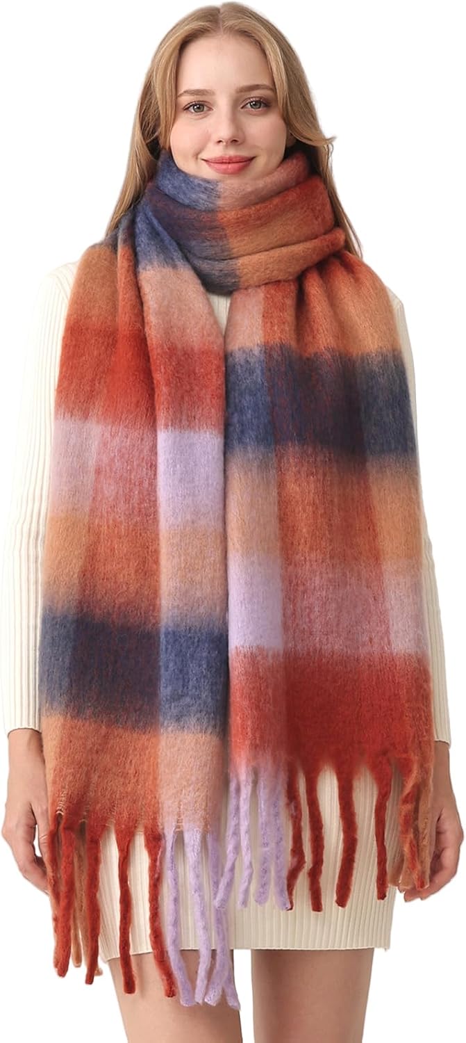 HOTIAN Women’s Large Scarf Colorful Chunky Plaid Scarves Soft Winter Thick Tassel Warm Wrap Shawl