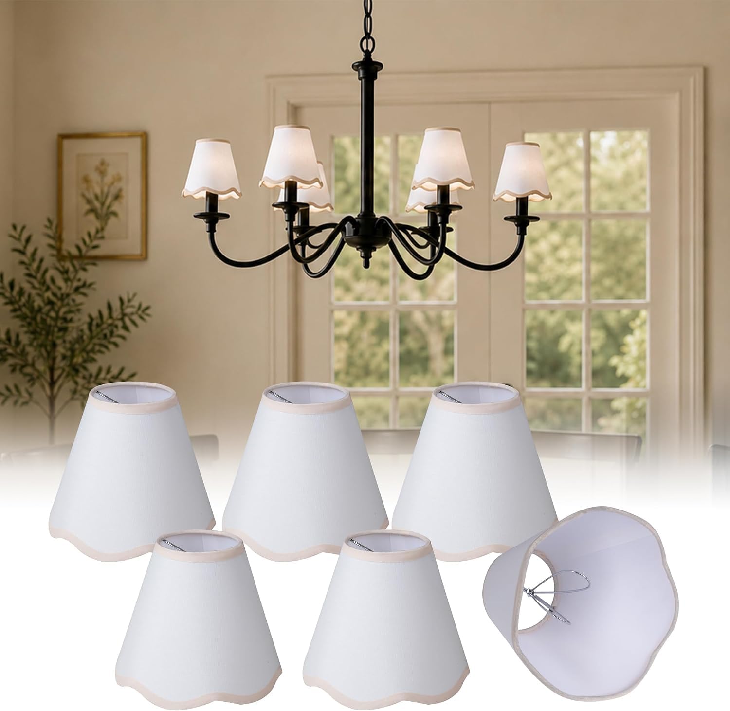 Lot de 6 abat-jours blancs à clipser avec bordure beige pour culot E14