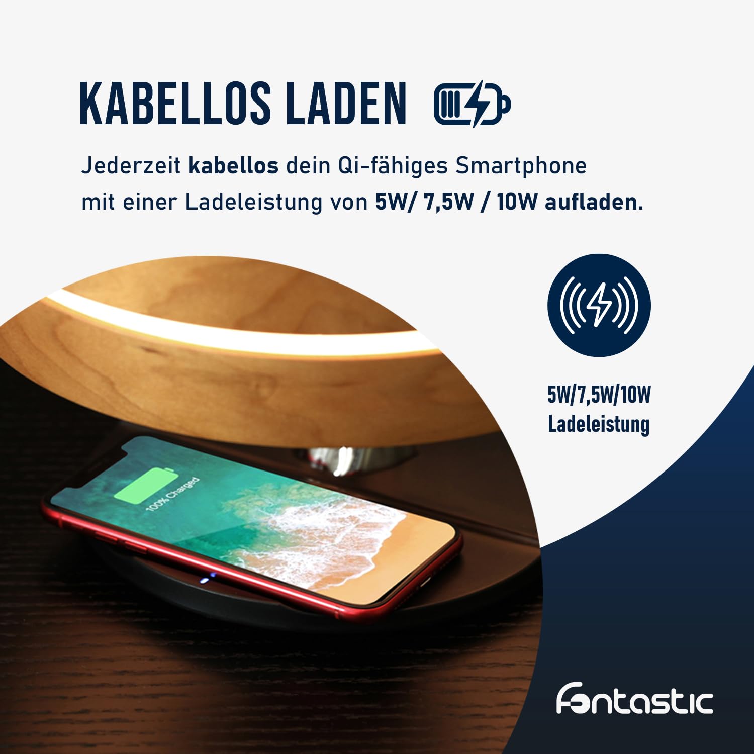 Fontastic „Icona“ LED Nachttischlampe Touch dimmbar, multifunktionelle Tischlampe mit kabelloser Ladefunktion, Bluetooth Lautsprecher und Timer, Designer-Tischleuchte inkl. TWS-Speaker